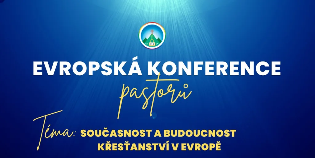 Kruhové logo Křesťanské skupiny Sión s nápisem Evropská konference pastorů. Konference se bude konat po celé Evropě s tématem "současnost a budoucnost křesťanství v Evropě". Vše je psáno na modrém pozadí bílým a žlutým písmem.